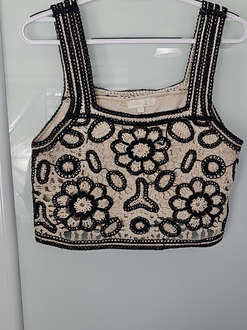 Rebellion Set Cream Crochet Crop Top And Short Pants Black Floral Trim. Size S - Picture 6 of 13